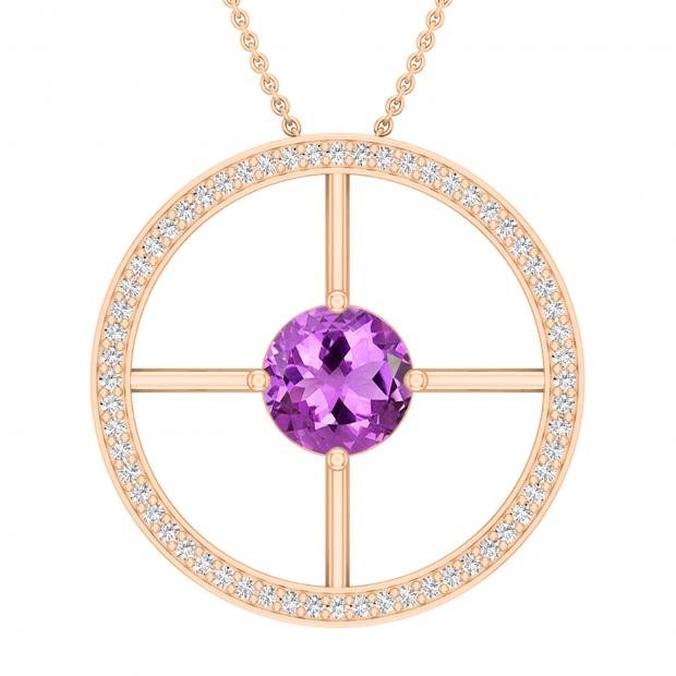 8 MM Round Solitaire Amethyst & Round White Diamond Wheel Style Circle Pendant for Women | 18K White Gold