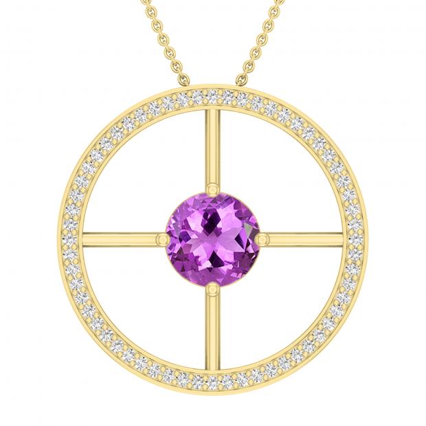 8 MM Round Solitaire Amethyst & Round White Diamond Wheel Style Circle Pendant for Women | 14K White Gold