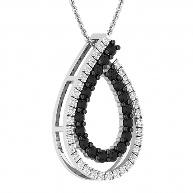 0.66 Carat (ctw) Round Black & White Diamond Double Teardrop Open Slider Pendant with 18 Inch Silver Chain for Women | 18K White Gold