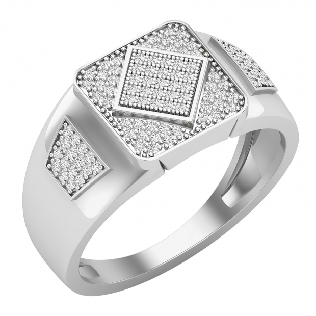 Round White Diamond Diagonal Square Cluster Engegement Ring for men 1/3 CT (0.32 ctw Color I-J Clarity I1-I2) 14K White Gold