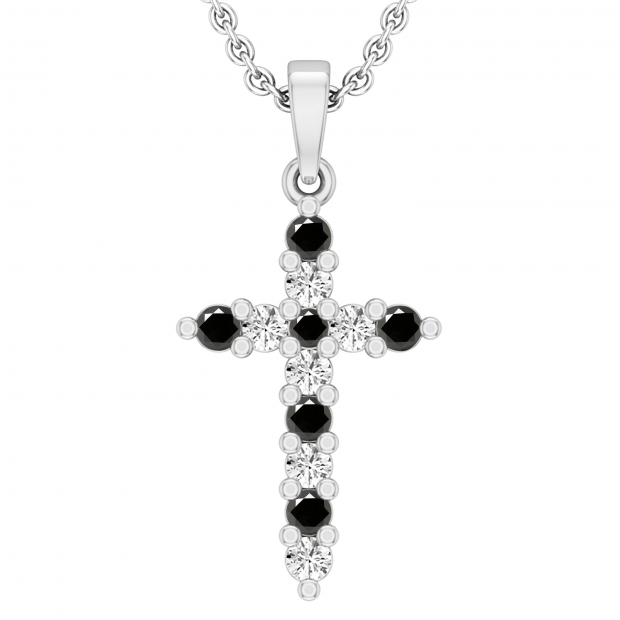 0.52 Carat (ctw) Alternate Round Black and White Diamond Crucifix Religious Cross Pendant for Ladies with 18 Inch Silver Chain, 925 Sterling Silver