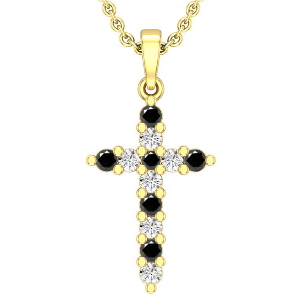 0.52 Carat (ctw) Alternate Round Black and White Diamond Crucifix Religious Cross Pendant for Her with 18 Inch Gold Chain, 14K Yellow Gold
