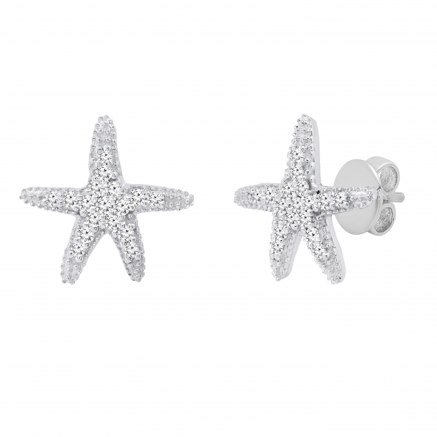 Round White Diamond Small Asteroidea Sea Starfish Shape Pushback Stud Earrings (0.18 ctw,Color I-J, Clarity I2-I3) | 925 Sterling Silver