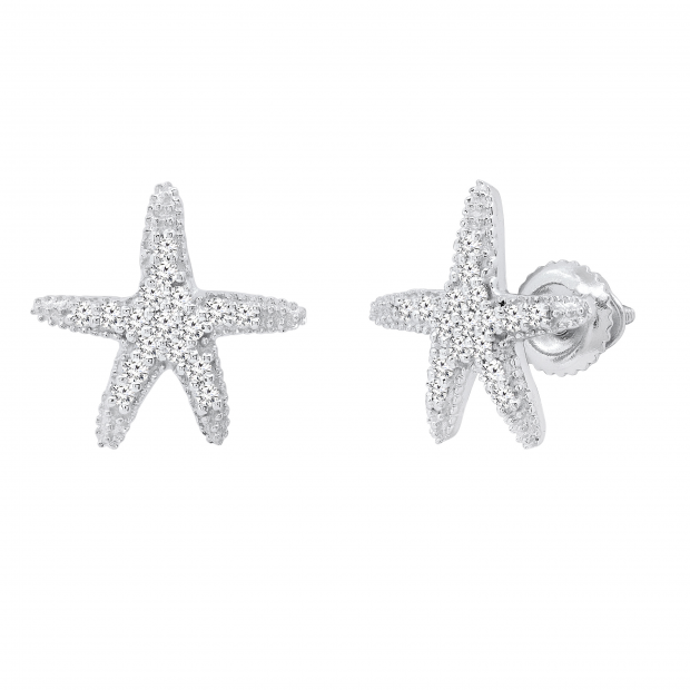 Round White Diamond Small Asteroidea Sea Starfish Shape Screw Back Stud Earrings (0.18 ctw,Color I-J, Clarity I2-I3) | 925 Sterling Silver