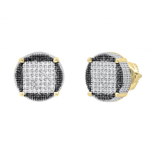 0.24 Carat (ctw) Round Black and White Diamond Filled Circle Shape Square Framed Screw Back Stud Earrings for Women | 14K Yellow Gold