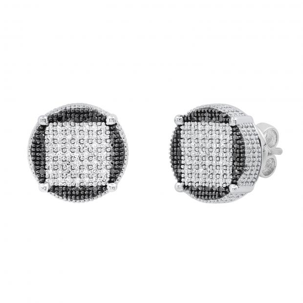 0.24 Carat (ctw) Round Black and White Diamond Filled Circle Shape Square Push Back Stud Earrings for Women | 925 Sterling Silver