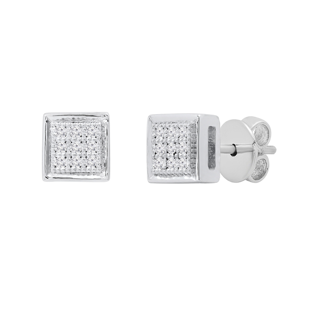 Round White Diamond Mini Square Cluster Ice Cube Shape Pushback Stud Earrings for Her (0.05 ctw Color I-J Clarity I1-I2) | 14K White Gold