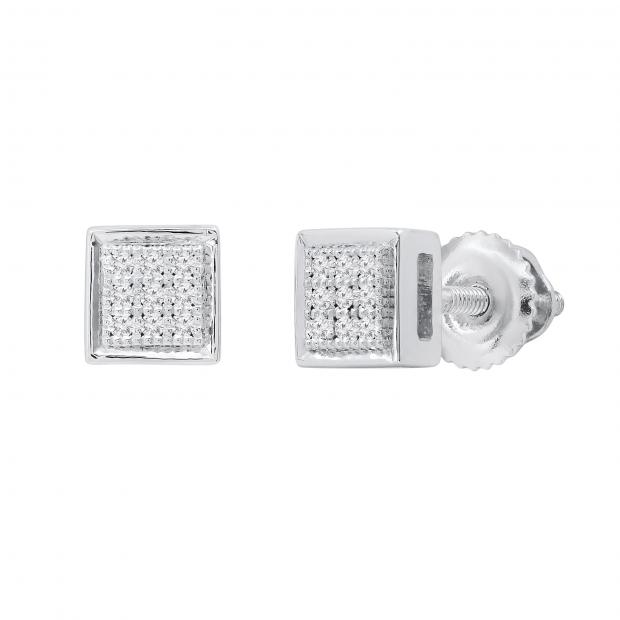 Round White Diamond Mini Square Cluster Ice Cube Shape Screw Back Stud Earrings for Women (0.05 ctw Color I-J Clarity I2-I3) | 925 Sterling Silver