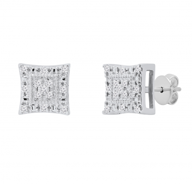 Round White Diamond Concave Curved Square Kite Shaped Pushback Stud Earrings for Her (0.12 ctw, Color I-J, Clarity I2-I3) | 925 Sterling Silver