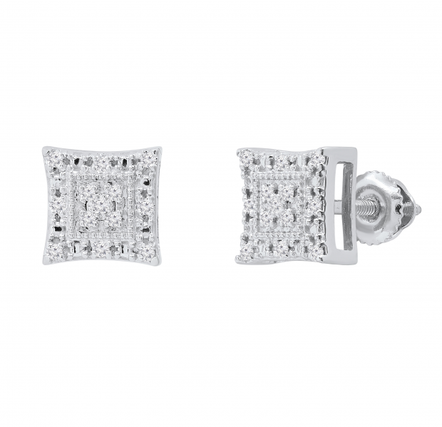 Round White Diamond Concave Curved Square Kite Shaped Screw Back Stud Earrings for Women (0.12 ctw, Color I-J, Clarity I2-I3) | 925 Sterling Silver