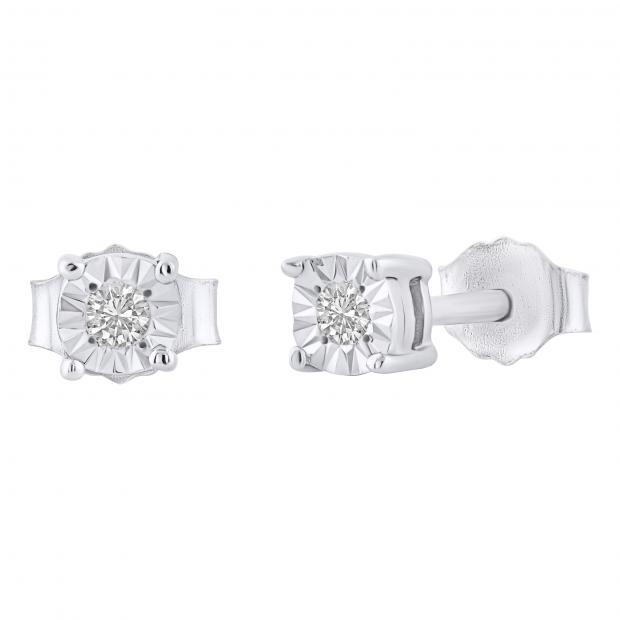 Round White Diamond Solitaire Illusion Set Unisex Stud Earrings (0.08 ctw, Color I-J, Clarity I2-I3) in 925 Sterling Silver in Push Back