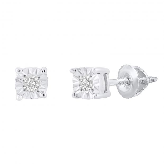 Round White Diamond Solitaire Illusion Set Unisex Stud Earrings (0.08 ctw, Color I-J, Clarity I2-I3) in 925 Sterling Silver in Screw Back