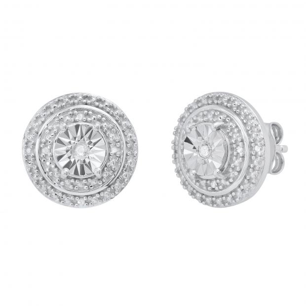 Round White Diamond Double Halo Stud Earrings with Post Push Back for Women 1/10 CT (0.10 ctw Color I-J Clarity I1-I2) in 14K White Gold