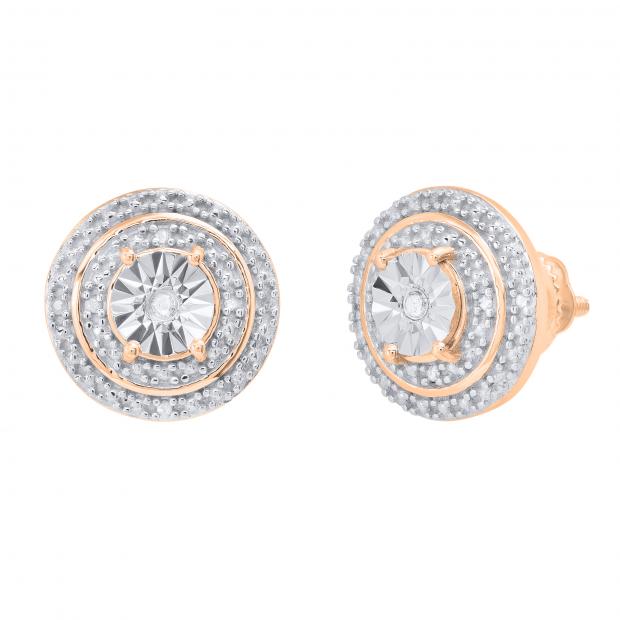 Round White Diamond Double Halo Stud Earrings with Post Screw Back for Women 1/10 CT (0.10 ctw Color I-J Clarity I1-I2) in 18K Rose Gold