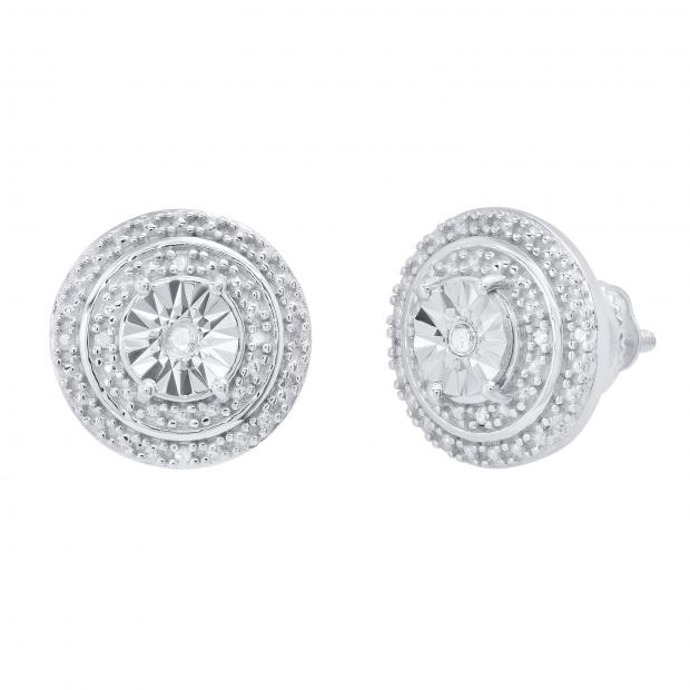 Round White Diamond Double Halo Stud Earrings with Post Screw Back for Women 1/10 CT (0.10 ctw Color I-J Clarity I2-I3) in 925 Sterling Silver