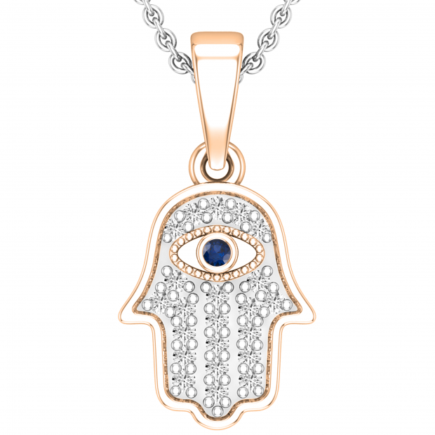 Round Blue Sapphire & 0.09 ctw White Diamond Hamsa Hand Evil Eye Charm Pendant For Her | 14K Rose Gold