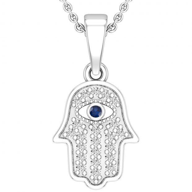 Round Blue Sapphire & 0.09 ctw White Diamond Hamsa Hand Evil Eye Charm Pendant For Her | 925 Sterling Silver