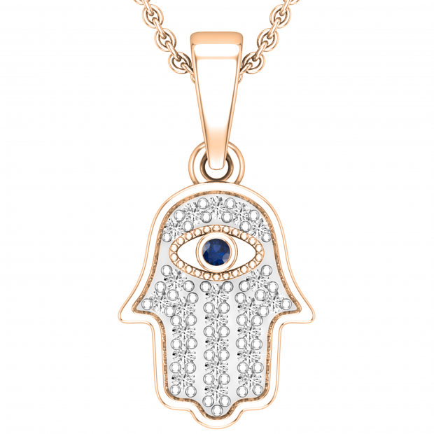 Round Blue Sapphire & 0.09 ctw White Diamond Hamsa Hand Evil Eye Charm Pendant For Women | 18K Rose Gold