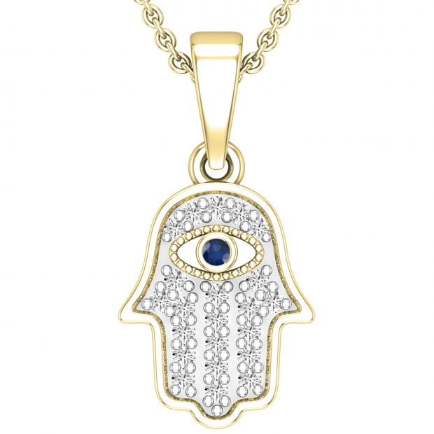 Round Blue Sapphire & 0.09 ctw White Diamond Hamsa Hand Evil Eye Charm Pendant For Women | 18K Yellow Gold