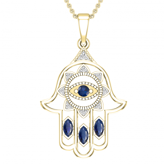 Round & Marquise Blue Sapphire & Round White Diamond Hamsa Evil Eye Pendant for Her | 18K Yellow Gold