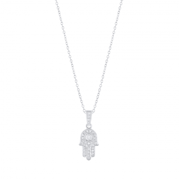 Ladies Round White Diamond Hamsa Hand of Fatima Charm Pendant  (0.17 ctw Color I-J Clarity I2-I3) | 925 Sterling Silver