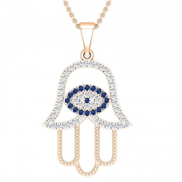 Round White & Blue Cubic Zirconia Hand of Fatima Evil Eye Pendant with 18 Inch Gold Chain for Women | 18K Rose Gold