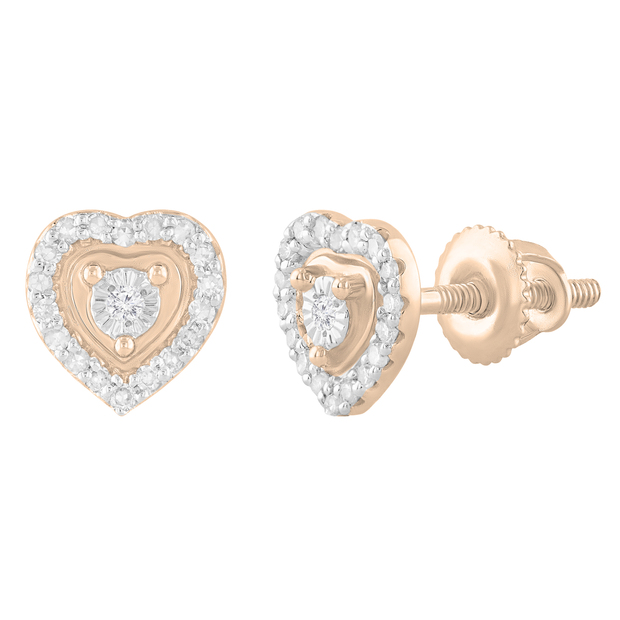 Round White Diamond Heart Frame Screw Back Stud Earrings For Her (0.13 ctw Color I-J Clarity I2-I3) | 10K Rose Gold