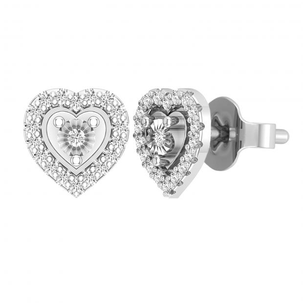 Round White Diamond Heart Frame Push Back Stud Earrings For Her (0.13 ctw Color I-J Clarity I2-I3) | 925 Sterling Silver