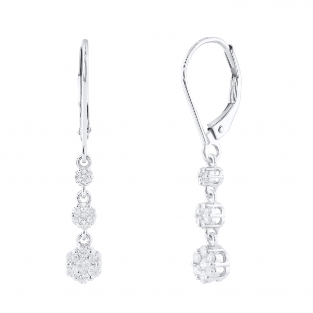 Round Composite White Diamond Flower Dangle Drop Lever Back Earrings for Women (0.45 ctw, Color I-J, Clarity I2-I3) in 10K White Gold