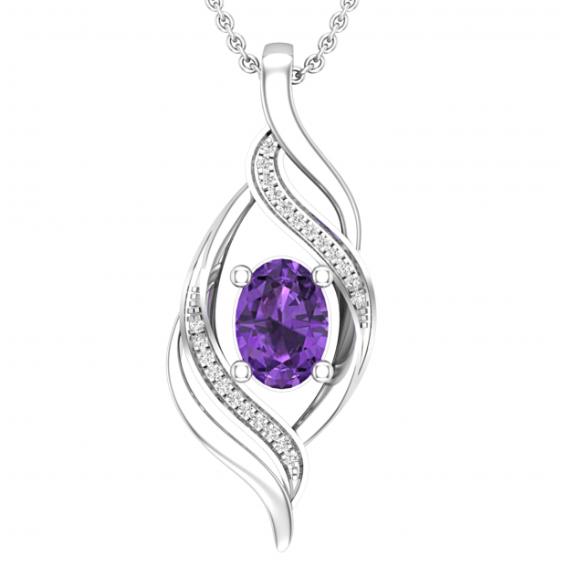 7X5mm Oval Amethyst and Round Diamond Twist Flame Pendant for Women with 18 Inch Silver Chain | 925 Sterling Silver