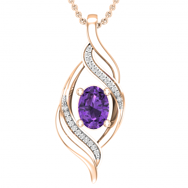 7X5mm Oval Amethyst and Round Diamond Twist Flame Pendant for her with 18 Inch Gold Chain | 14K Rose Gold