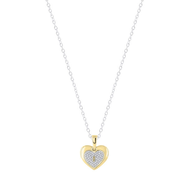 Round White Diamond Love Double Heart & Lock Keyhole Pendant for Her (0.10 ctw Color I-J Clarity I2-I3) | 10K Yellow Gold