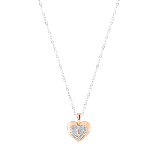 Round White Diamond Love Double Heart & Lock Keyhole Pendant for Her (0.10 ctw Color I-J Clarity I1-I2) | 18K Rose Gold