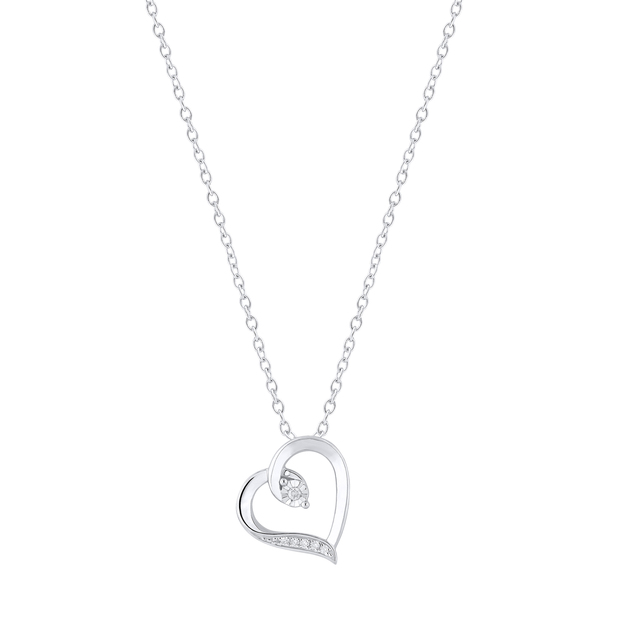 Round White Diamond Tilted Heart Pendant for Women (0.10 ctw Color I-J Clarity I2-I3) | 925 Sterling Silver
