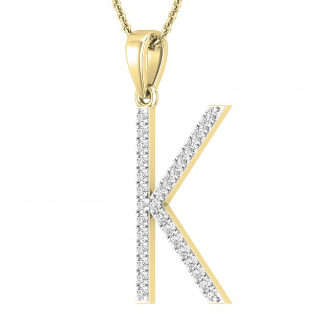 0.25 Carat (ctw) White Diamond Capital K Initial Pendant for Women with 18 Inch Gold Chain | 14K Yellow Gold