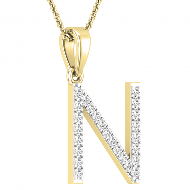0.25 Carat (ctw) White Diamond Capital N Initial Pendant for Women with 18 Inch Gold Chain | 18K Yellow Gold