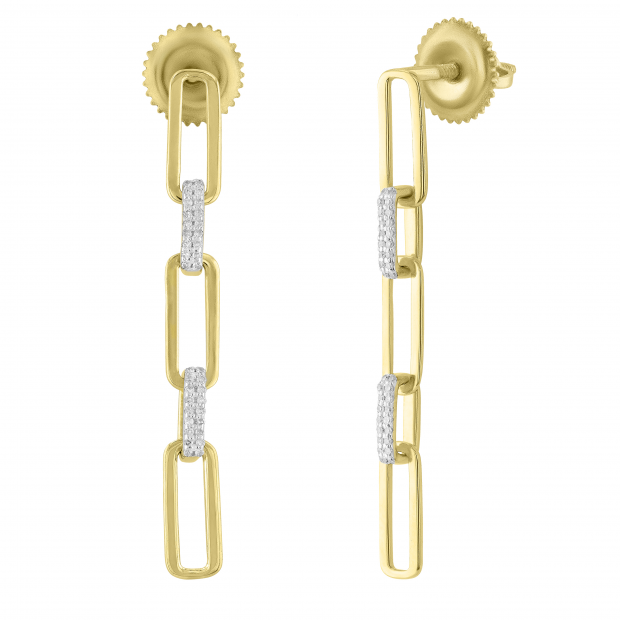 Round White Diamond Paper Clip Link Linear Drop Earrings (0.15 ctw, Color I-J, Clarity I2-I3) in 14K Yellow Gold Plated Over Sterling Silver