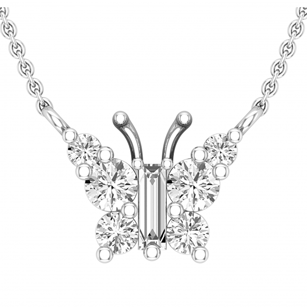 Round & Baguette Diamond Tilted Butterfly Pendant for Her (0.50 ctw., Color I-J, Clarity I1-I2) | 18K White Gold