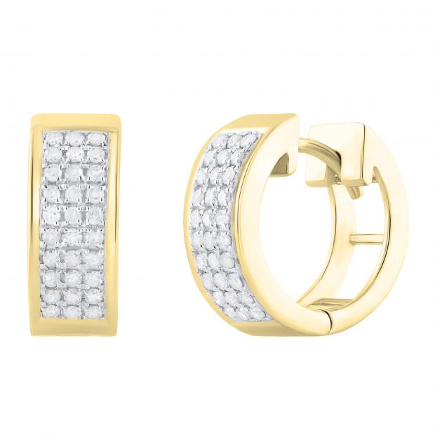0.40 Carat (ctw) Round White Diamond Triple Row Mini Petite Huggie Hoop Earrings for Women in 14K Yellow Gold