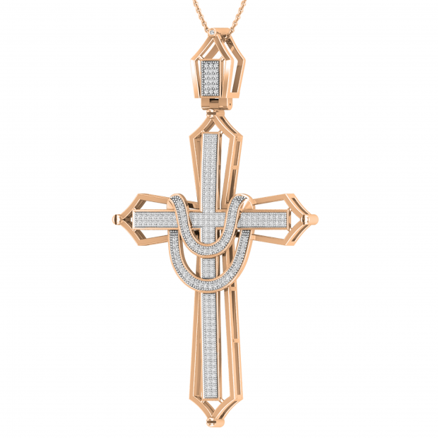 Round White Diamond Divine Cross Pendant Adorned with Diamond Studded Garland for men with 18 Inch Gold Chain 1/2 CT (0.50 ctw, Color I-J, Clarity I2-I3), 10K Rose Gold
