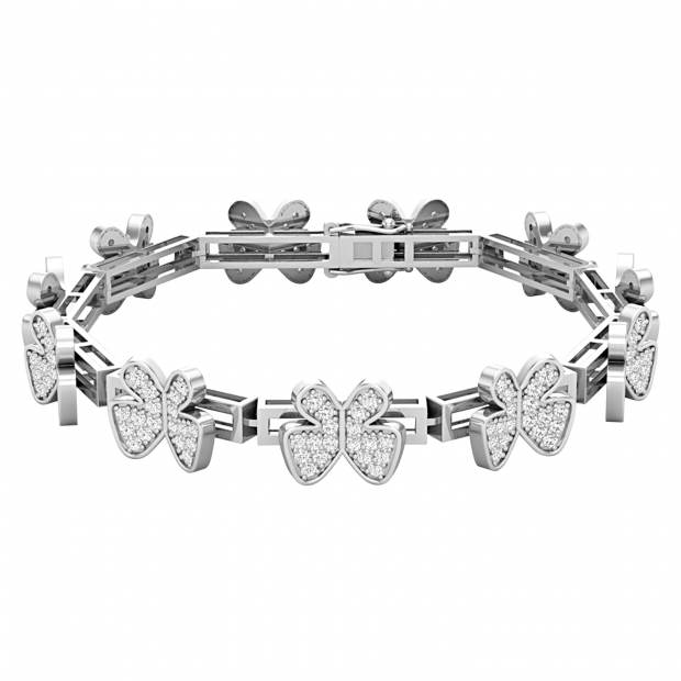 Round White Diamond Multiple Butterfly Set on Rectangular Link Bar Dainty Bracelet for Her (2.43 ctw Color I-J Clarity I2-I3) 10K White Gold