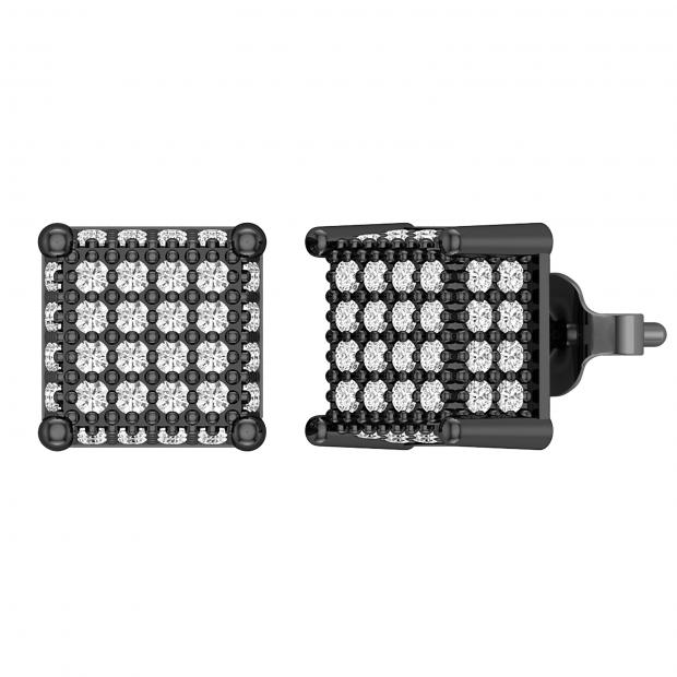 1.00 Carat (ctw) Round White Diamond Iced Out Square Stud Earrings for Him 1 CT | Black Plated Sterling Silver