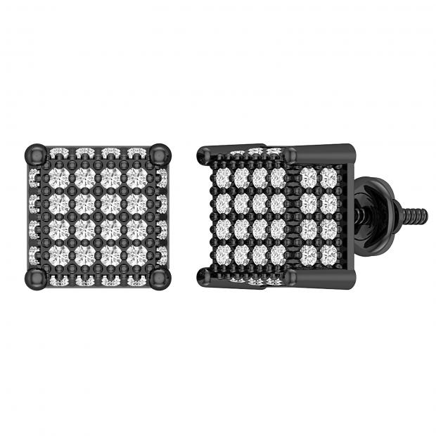 1.00 Carat (ctw) Round White Diamond Iced Out Square Stud Earrings for Him 1 CT | Black Plated Sterling Silver