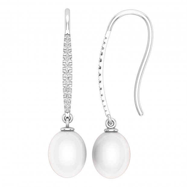 8mm Oval Cultured Freshwater Pearl & 0.18 Carat (ctw) Round White Diamond Single String Dangle Drop Earrings for Women | 14K White Gold