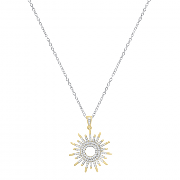 Round Cubic Zirconia Hollow Center Sun Rays Slider Pendant Necklace with 18 Inch Gold Chain for Women 1/4 CT (0.42 ctw Color White Clarity Clean) 14K Yellow Gold