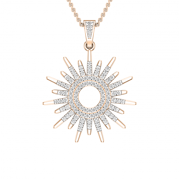 Round White Diamond, Hollow Center Sun Rays Slider Pendant Necklace with 18 Inch Gold Chain for Women 1/4 CT (0.28 ctw, Color I-J, Clarity I1-I2), 14K Rose Gold