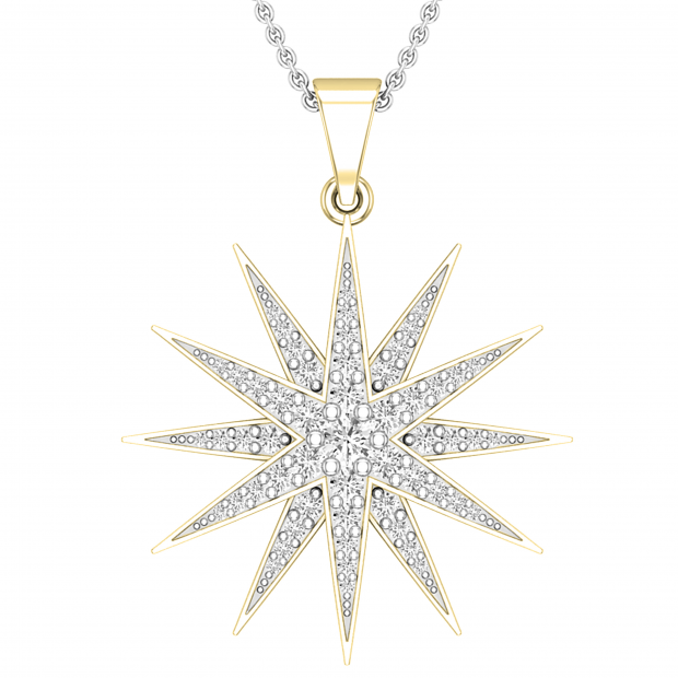 Round White Diamond Contemporary Double Starburst Pendant Necklace with 18 Inch Silver Chain for Women (0.45 ctw, Color I-J, Clarity I1-I2) | 18K Yellow Gold