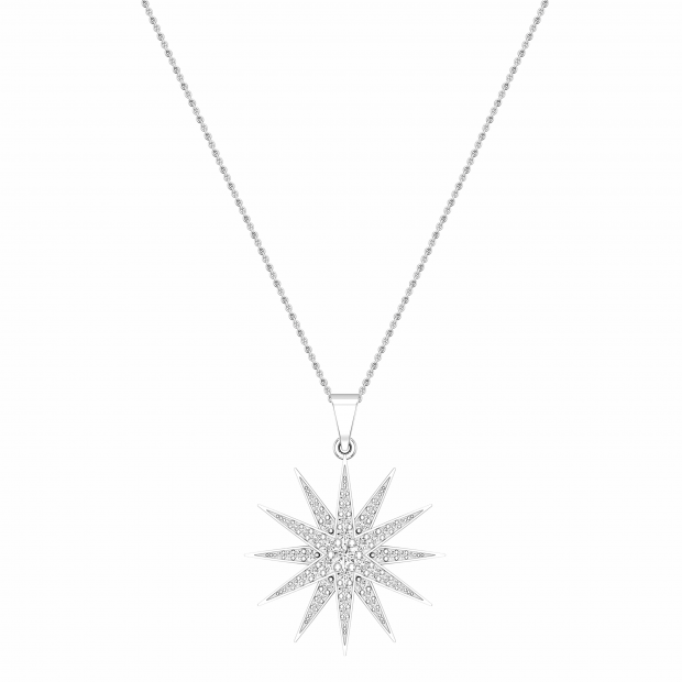 Round White Cubic Zirconia Contemporary Double Starburst Pendant Necklace with 18 Inch Silver Chain for Women (0.66 ctw Color White Clarity Clean) | 10K White Gold