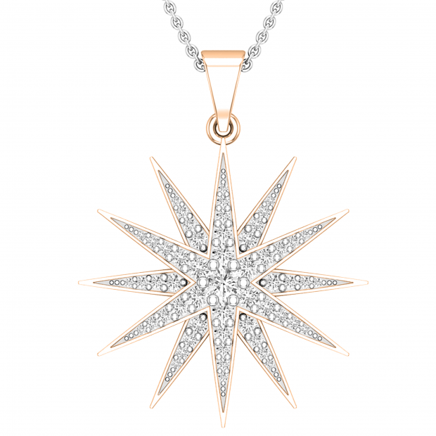 Round White Diamond Contemporary Double Starburst Pendant Necklace with 18 Inch Gold Chain for Women (0.45 ctw, Color I-J, Clarity I1-I2) | 18K Rose Gold