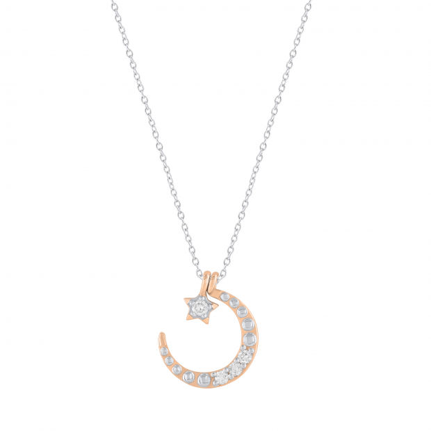 Round White Diamond Three Stone Half Cresent Moon With Tiny Star Pendant for Her (0.10 ctw, Color I-J, Clarity I1-I2) in 18K Rose Gold